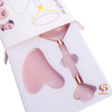 Box Rolo Massageador Quartzo Rosa + Placa Gua Sha Coração