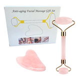 Box Rolo Massageador Quartzo Rosa + Placa Gua Sha Coração