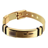 Bracelete Masculina Dourado Malha De Aço Cruz Banhada Ouro