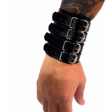 Bracelete Pulseira 4 Fivelas Couro Preto Rock Metal Unissex