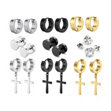 Brinco Masculino Feminino Kit 9 Pares Aço Inox Argola Cruz 