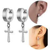 Brinco Par Feminino Masculino Argola 4mm Crucifixo Cruz Aço