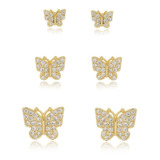 Brinco Trio Borboletas Zirconia Semi Joias Folheado A Ouro