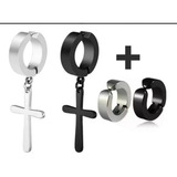 Brincos Masculinos Argola Cruz Pressão Kit Preto & Prata