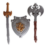 Brinquedo Cavaleiro Medieval Kit Espada + Escudo + Machado