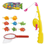 Brinquedo Kit Pega Peixe Com Vara Rede E 8 Peixes