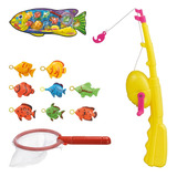 Brinquedo Kit Pega Peixe Com Vara Rede E 8 Peixes