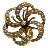 Broche De Ouro Amarelo Com Diamantes E Pérolas Do Mar