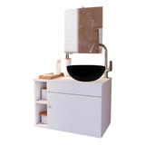 Brovália Italia Gabinete Armário Para Banheiro 60cm Com Pia Cuba Preta 60cm Balcão Suspenso Branco