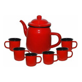 Bule Esmaltado Vermelho 1 Litro + 6 Canecas Vermelhas Belas