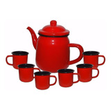 Bule Esmaltado Vermelho 1 Litro + 6 Canecas Vermelhas Belas