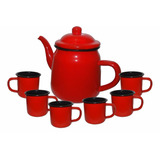 Bule Vermelho 1 Litro E 6 Canecas 80 Ml Esmaltadas Vermelhas