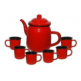 Bule Vermelho 1 Litro E 6 Canecas Esmaltadas Vermelhas 80 Ml
