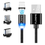 Cabo Carregador Magnético Usb 3 Em 1 Tipo C/ Led Ios Android Cor Preto