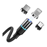 Cabo Carregador Magnético Usb 3 Em 1 Tipo C/ Led Ios Android