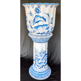 Cachepot C/coluna Em Porcelana Chinesa Azul E Branco 76cm