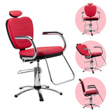 Cadeira Salão Barbeiro Encosto Reclinável Vermelha