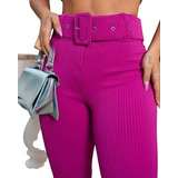 Calça Canelada 3d Com Cinto Rosa Pink Cintura Alta Tendencia