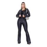Calça Cirre Cós Alto Com Cinto Couro Fake Preta Linha Luxo