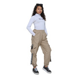 Calça Feminina Infantil Bloguerinha Tactel Jogger Cargo Fita