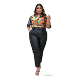 Calça Feminina Plus Size Em Courino Couro Fake Com Cinto