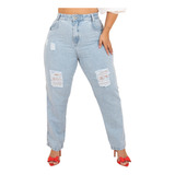 Calça Jeans Mom Plus Size Casual Rasgada Cintura Alta