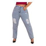 Calça Jeans Mom Plus Size Destroyed Cintura Alta Casual