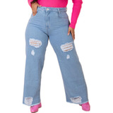 Calça Jeans Plus Size Wide Leg Clara Rasgada Barra Desfiada
