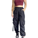 Calça Jogger Feminina Bolsos Com Suspensório Tactel Moda