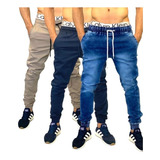 Calça Jogger Jeans Clara Escura Sarja Masculina Kit 3 Peças