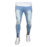 Calça Masculina Super Skinny Com Ziper Na Perna Jeans Lycra