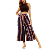 Calça Pantalona Azul Listrada C/fendas Laterais