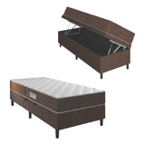 Cama Box Portobel Baú Solteiro Colchão Molas Pequim Marrom E Branco Cor Cinza