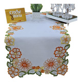 Caminho De Mesa Guippir Bordado Renda 90cm Holanda Flor Luxo Cor Branco C Flor Amarela E Laranja