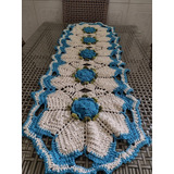Caminho Trilho De Mesa Crochê Barbante Cru E Azul 1.20 Mts