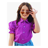 Camisa Blusa Social Infantil Manga Bufante Luxo Roxo Uva