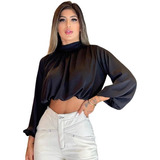 Camisa Cropped Social Feminina Manga Longa Gola Alta