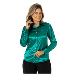 Camisa De Cetim Social Verde Escuro Ivy Chic Premium Linda
