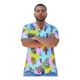 Camisa De Homem Com Botão Viscose Estampada Verão Havaiana