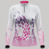 Camisa De Pesca Feminina Brk Branca Cardume Rosa Com Uv50+