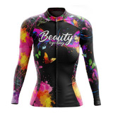 Camisa Feminina Ciclismo Bike Borboletas Black Manga Longa