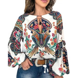 Camisa Feminina Sexy Floral Manga Balão Gravata Gola Redonda