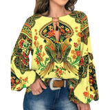 Camisa Feminina Sexy Floral Manga Balão Gravata Gola Redonda