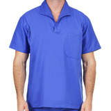 Camisa Jaleco Brim Manga Curta Uniforme Azul Royal