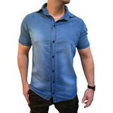 Camisa Jeans Masculina Azul Social Com Botões Manga Curta