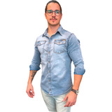 Camisa Jeans Masculina Social Slim Fit Blusa Manga Longa