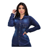 Camisa Jeans Social Feminina Manga Longa Com 2 Bolsos - Ewf