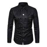 Camisa Longa Masculina New Goth Style Rivet Solid Color Carg