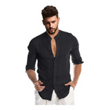 Camisa Maculina Gola Padre Viscolinho Manga Longa Slim Fit