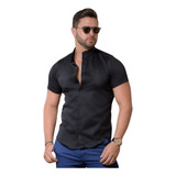 Camisa Masculina Gola Padre Manga Curta Acetinada Premium